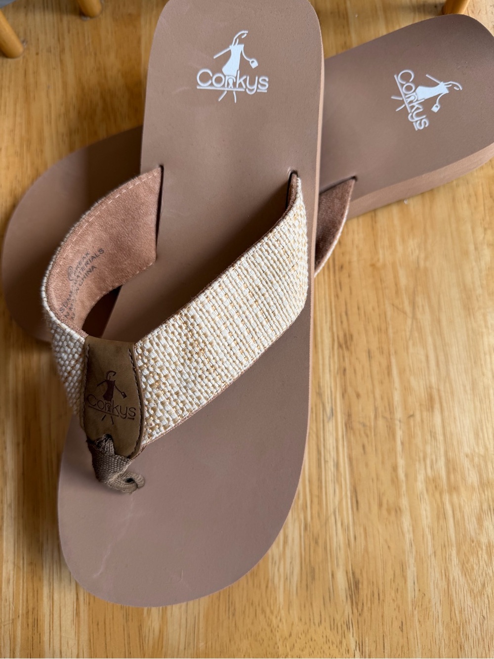Corkys Women's Brown Flip Flop Sandals with Beige Woven Straps